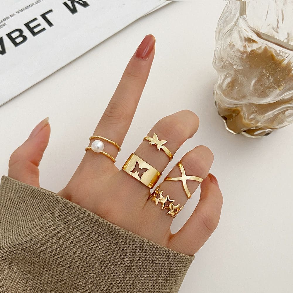 Set Of 5 Butterfly Cross Pearl Rings, Docona Elegant Rings, Vintage Elegant Imitation Rings, Vintage Butterfly Circle Joint Ring Boho Finger Rings Jewelry Set Of 5 Butterfly Cross Pearl Rings, Docona Elegant Rings, Vintage Elegant Imitation Rings, Vintage Butterfly Circle Joint Ring Boho Finger Rings Jewelry